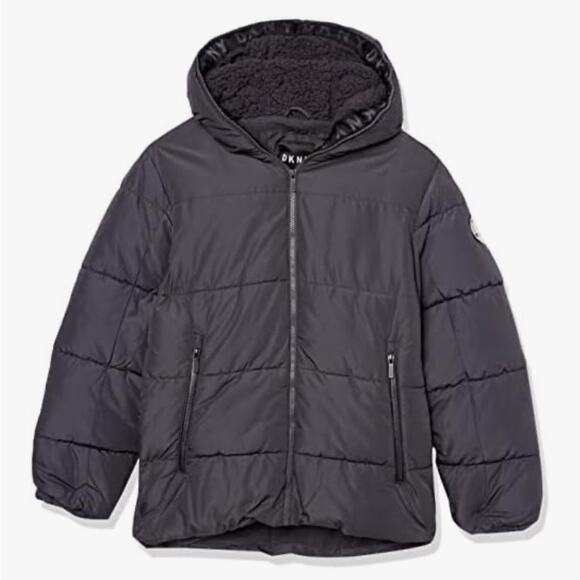 NWT DKNY Boys' Sherpa Hood Insulated Jacket Charcoal Black Size 7 - Picture 1 of 9